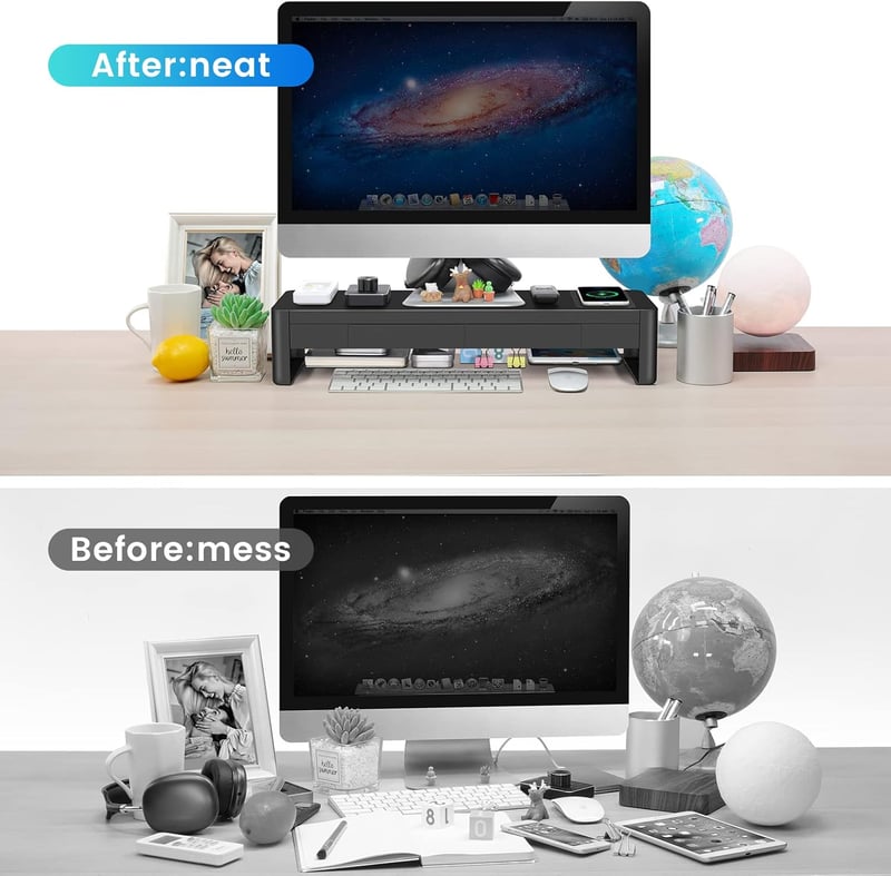 meatanty Monitor Stand 3 az 1-ben USB portokkal, vezeték nélküli töltővel és fiókokkal