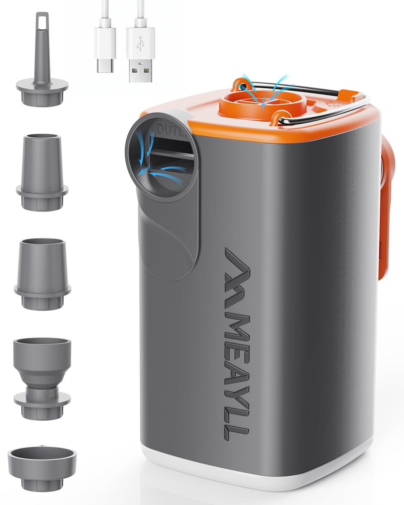 Elektrická vzduchová pumpa Meayll s batériou 3000 mAh, 4,5 kPa, 280 l/min, USB-C, LED svetlom, 5 nadstavcami na nafukovacie matrace, plávacie kolesá a vákuové vrecia