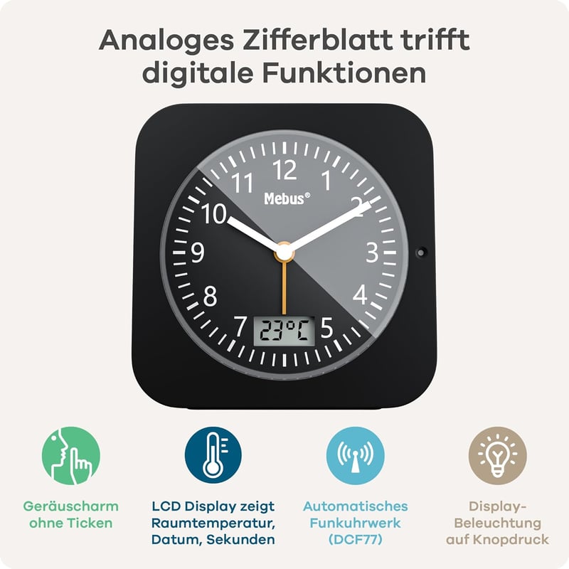 Mebus 25609 Rádiós Ébresztőóra Hőmérővel, Dátumkijelzéssel és Hátlámpa Funkcióval - Single, Black