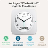 Ceas deșteptător wireless Mebus 25610 cu afișaj de temperatură, dată, alb, dimensiune de călătorie, 4,3x9,3x9,4 cm, afișaj mare, iluminare de fundal, funcționează cu baterii 3