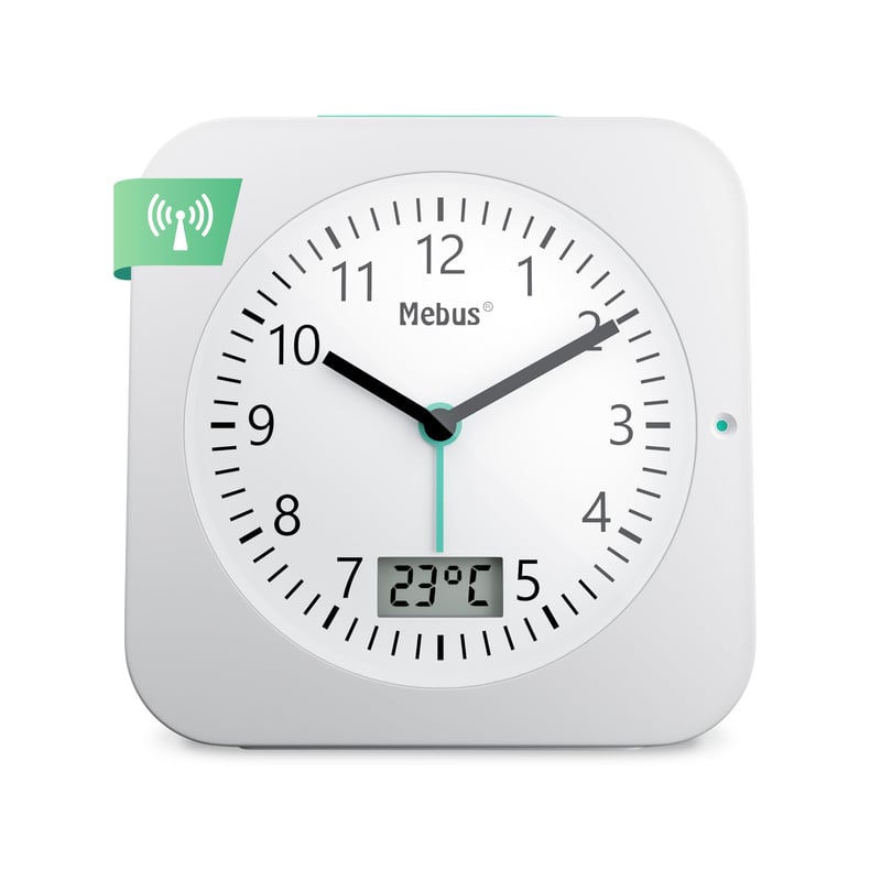 Ceas deșteptător wireless Mebus 25610 cu afișaj de temperatură, dată, alb, dimensiune de călătorie, 4,3x9,3x9,4 cm, afișaj mare, iluminare de fundal, funcționează cu baterii
