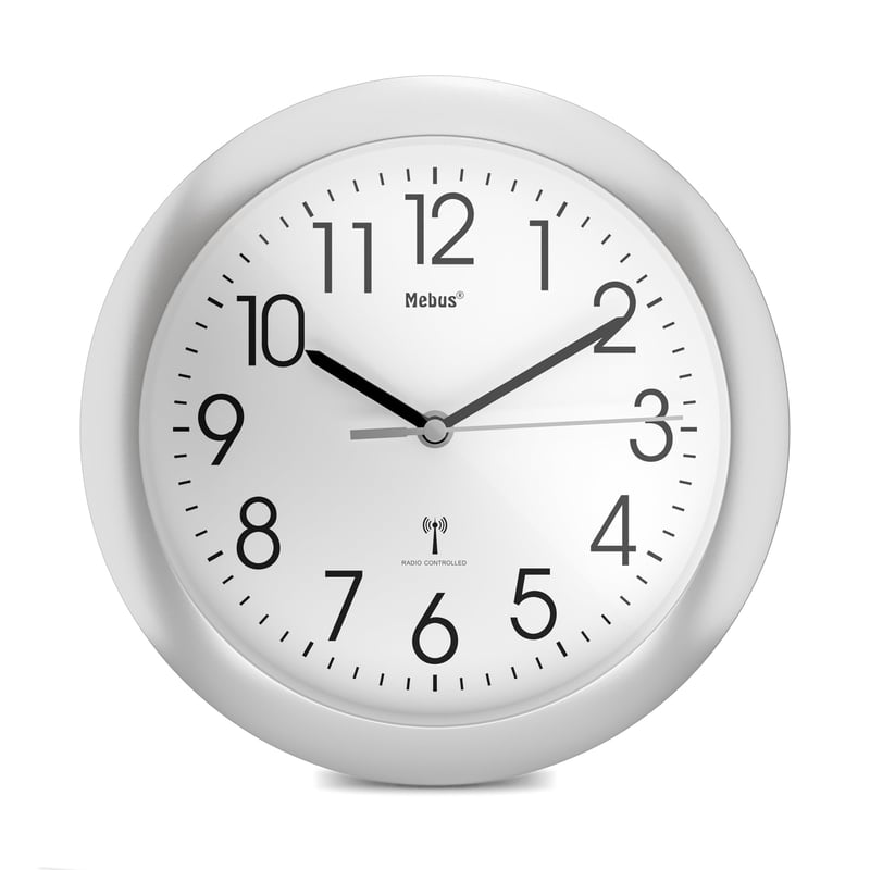Rádiom riadené nástenné hodiny Mebus 52451 – strieborné, farebné, priemer 25 cm