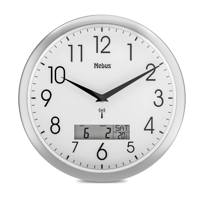Mebus analogni zidni sat s radijskim upravljanjem, 30 cm, velike dimenzije, lako čitljiv, bešuman, srebrne boje