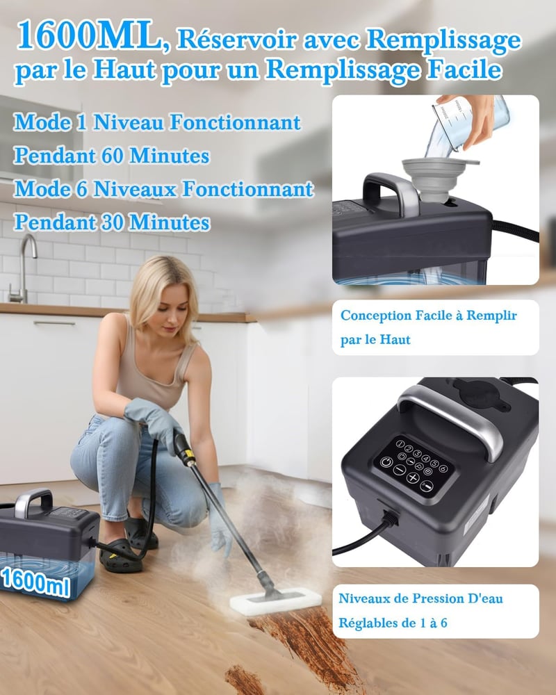 mecmic Hordozható Gőztisztító 2500W 120°C Gyors Felmelegítés 1.6L Tartály