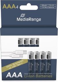 MediaRange USB-C Li-Ion újratölthető AAA mikro elem 1,5V 500mAh - 4 db 2