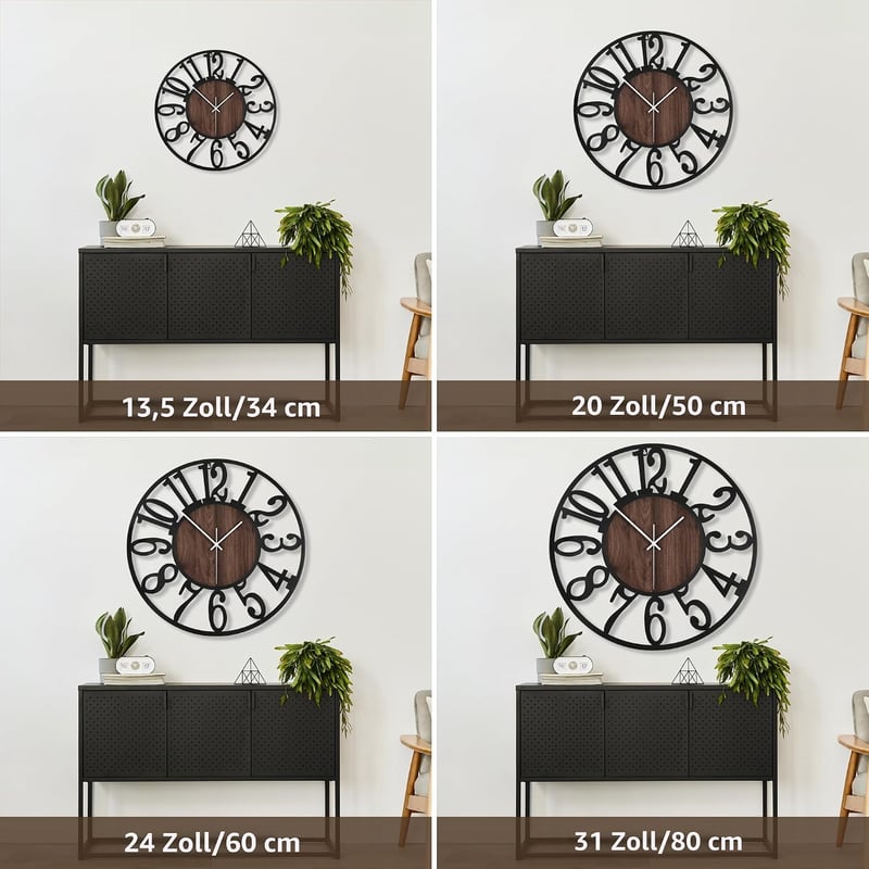 Mee 2ou Nagy falióra csendes járással, 50 cm 20 hüvelyk, elemes, modern retro, fekete számlap fa hatású betéttel nappaliba hálószobába konyh