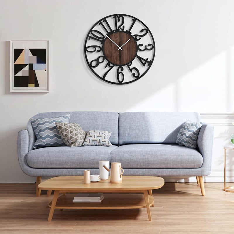 Mee 2ou Nagy falióra csendes járással, 50 cm 20 hüvelyk, elemes, modern retro, fekete számlap fa hatású betéttel nappaliba hálószobába konyh