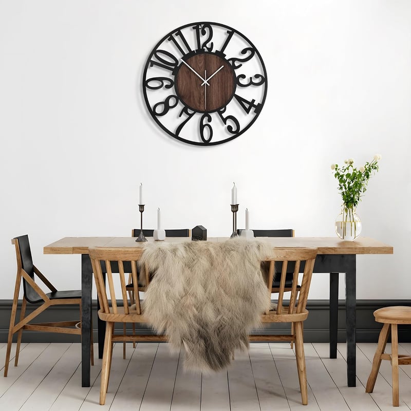 Mee 2ou Nagy falióra csendes járással, 50 cm 20 hüvelyk, elemes, modern retro, fekete számlap fa hatású betéttel nappaliba hálószobába konyh