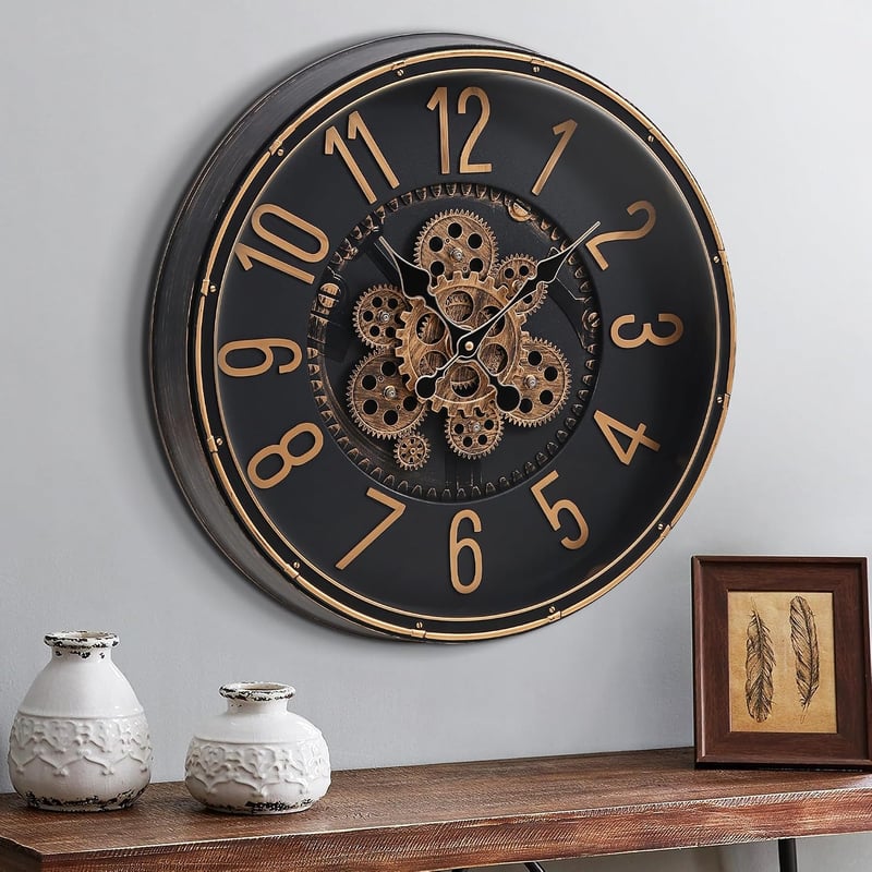 Mee 2ou Retro steampunk fali óra mozgó fogaskerék kerékkel, 40 cm, barna arany, ipari vintage dekoráció nappaliba és otthonra
