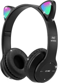 Megadream Bluetooth Fejhallgató Gyerekeknek - Macskafüles LED Világítással, Mikrofonnal, Összecsukható, 8+ Éves Fiúknak és Lányoknak (Fekete 1