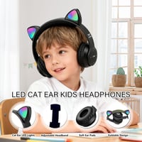 Megadream Bluetooth Fejhallgató Gyerekeknek - Macskafüles LED Világítással, Mikrofonnal, Összecsukható, 8+ Éves Fiúknak és Lányoknak (Fekete 4