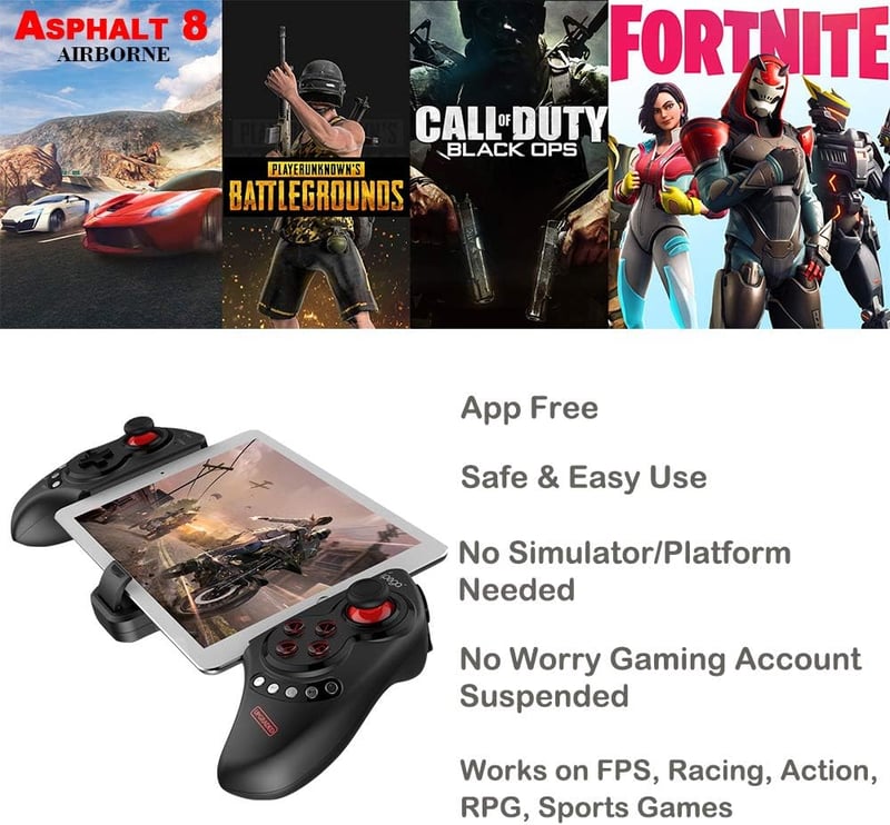 Megadream Bluetooth Játékvezérlő Android Telefonokhoz és Tabletekhez - Vezeték Nélküli Kontroller PUBG, Fortnite Játékokhoz, 10" Tartóval, F - FOR iOS