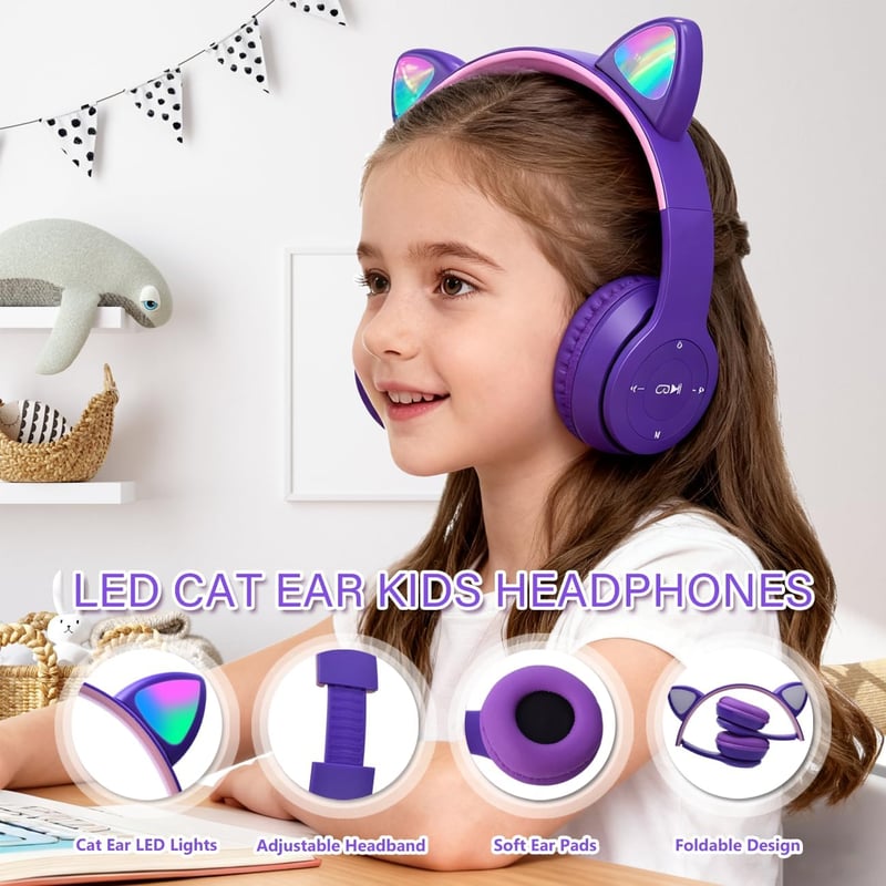 Megadream Macska Füles Bluetooth Fejhallgató Gyerekeknek - LED Világítással, Mikrofonnal, Összecsukható, 8+ Éveseknek, Lila