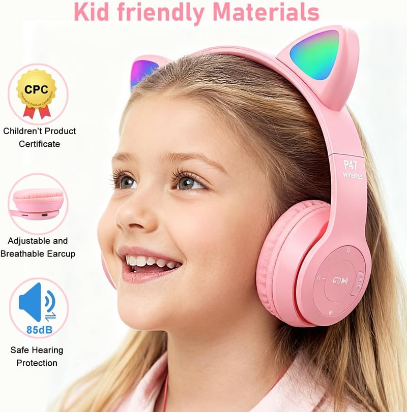 Megadream Macska Füles Bluetooth Fejhallgató Gyerekeknek - LED Világítással, Mikrofonnal, Összecsukható, 8+ Éveseknek, Lila