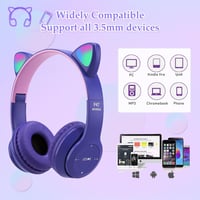 Megadream Macska Füles Bluetooth Fejhallgató Gyerekeknek - LED Világítással, Mikrofonnal, Összecsukható, 8+ Éveseknek, Lila 5