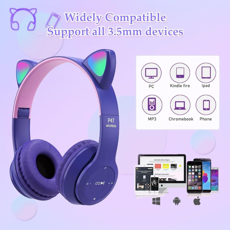 Megadream Macska Füles Bluetooth Fejhallgató Gyerekeknek - LED Világítással, Mikrofonnal, Összecsukható, 8+ Éveseknek, Lila