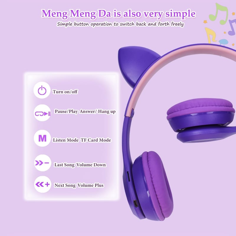 Megadream Macska Füles Bluetooth Fejhallgató Gyerekeknek - LED Világítással, Mikrofonnal, Összecsukható, 8+ Éveseknek, Lila
