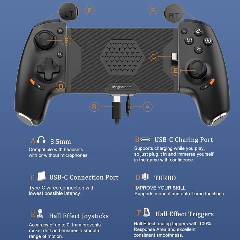 Megadream USB-C Mobilgamepad iPhone/Android Hall-Joystick PS5/PS4/Xbox/PC