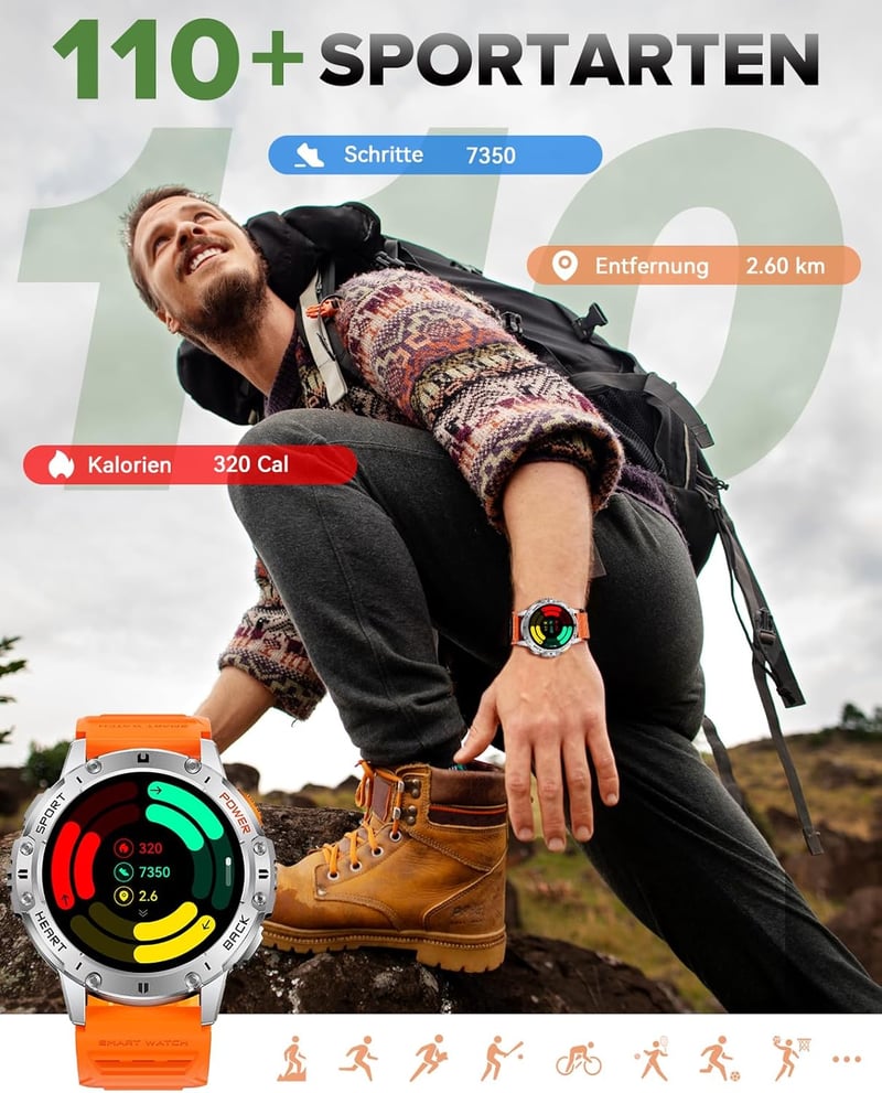 MEGALITH Okosóra Férfiaknak - IP68 Vízálló Fitness Tracker, Lépésszámláló, Telefon Funkcióval, LED Lámpával, Android és iOS Kompatibilis Ker