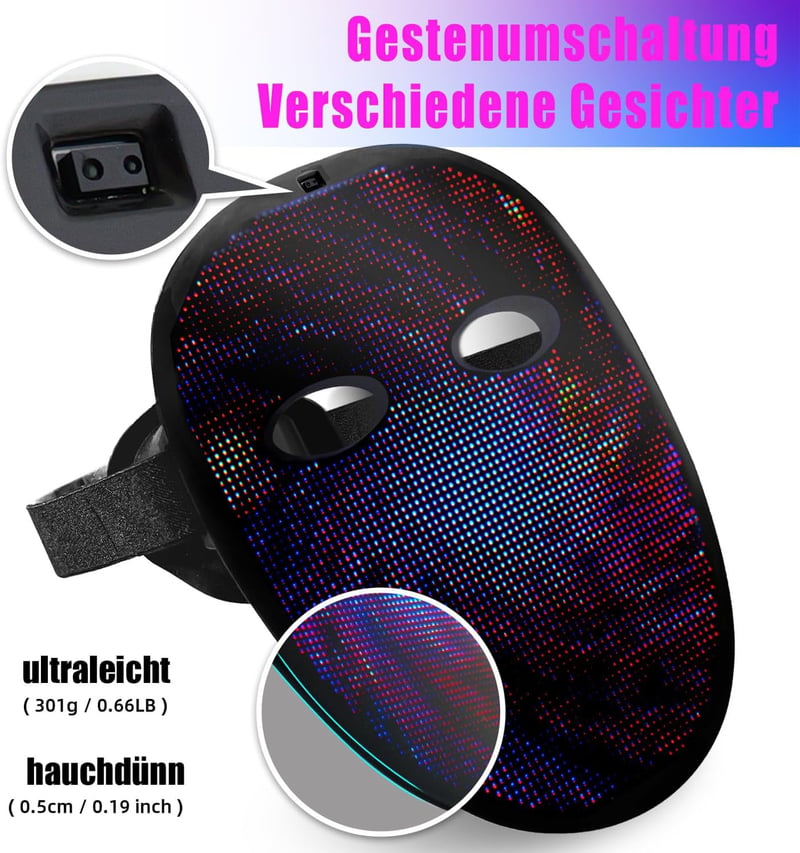 megoo LED Maszk Bluetooth Gesztusfelismeréssel Karneválra Halloween Cosplay Partira