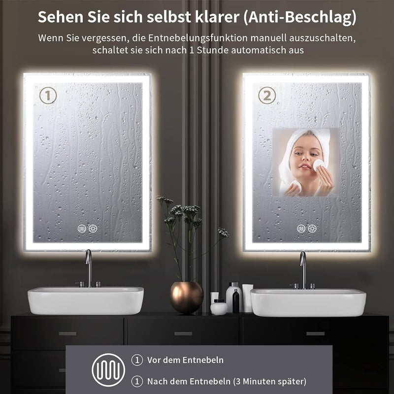 Meidom 70x50 cm LED fürdőszobai tükör, anti-fog, 3 színhőmérséklet, dimmer