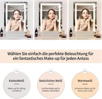 Meidom Álló Sminkasztal Tükör 43x61 cm LED Világítással, 3 Színhőmérséklet, USB Töltő, Érintésvezérlés, Fehér Fém Keret, Hálószobába 3