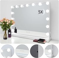 Meidom Hollywood Sminkasztal 58x46cm Tükör LED Világítással - 3 Színhőmérséklet, 15 Fényerőszint, USB, Érintésvezérlés, Alumínium Keret,  7