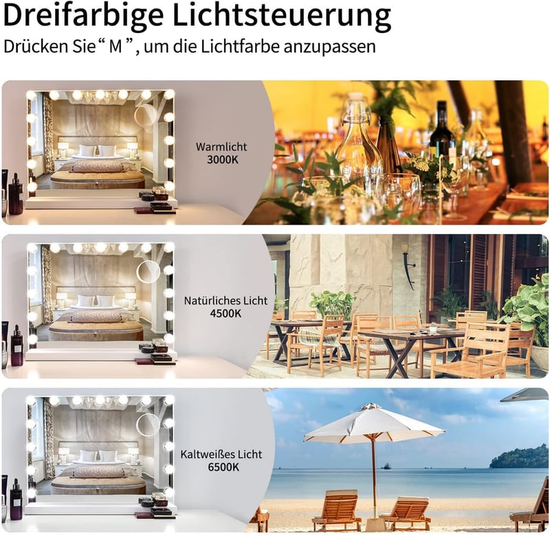 Meidom Hollywood Sminkasztal 58x46cm Tükör LED Világítással - 3 Színhőmérséklet, 15 Fényerőszint, USB, Érintésvezérlés, Alumínium Keret, 