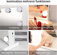 Meidom Hollywood Sminkasztal 58x46cm Tükör LED Világítással - 3 Színhőmérséklet, 15 Fényerőszint, USB, Érintésvezérlés, Alumínium Keret,  3