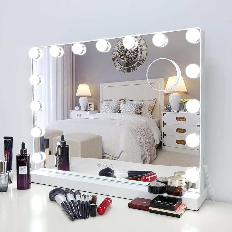 Meidom Hollywood Sminkasztal 58x46cm Tükör LED Világítással - 3 Színhőmérséklet, 15 Fényerőszint, USB, Érintésvezérlés, Alumínium Keret, 