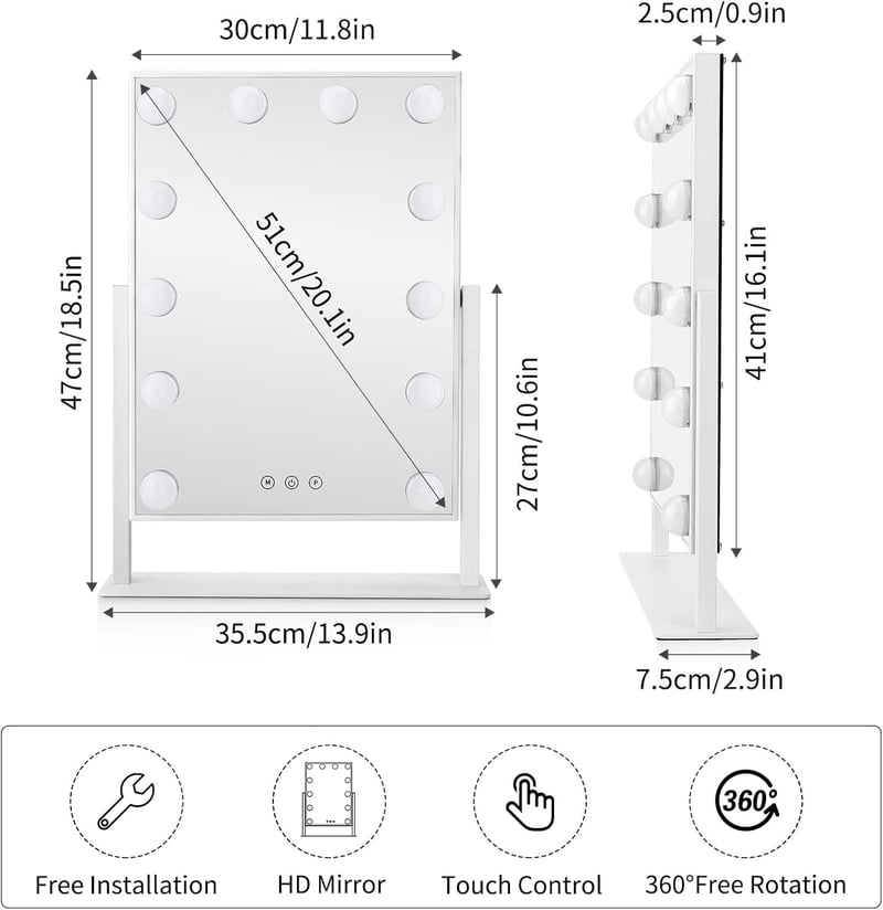 Meidom Hollywood Sminkasztal Tükör 12 Szabályozható LED-del, 3 Színmóddal, Érintőképernyővel, 35,5x47 cm, 360° Forgatható, Fehér