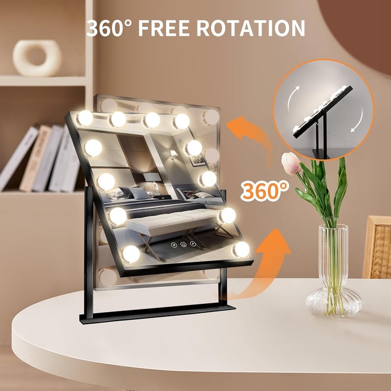 Meidom Sminkasztal Tükör 35.5 x 47CM LED Világítással - 360° Forgatható, 3 Színhőmérséklet, , Fekete Hollywood Tükör