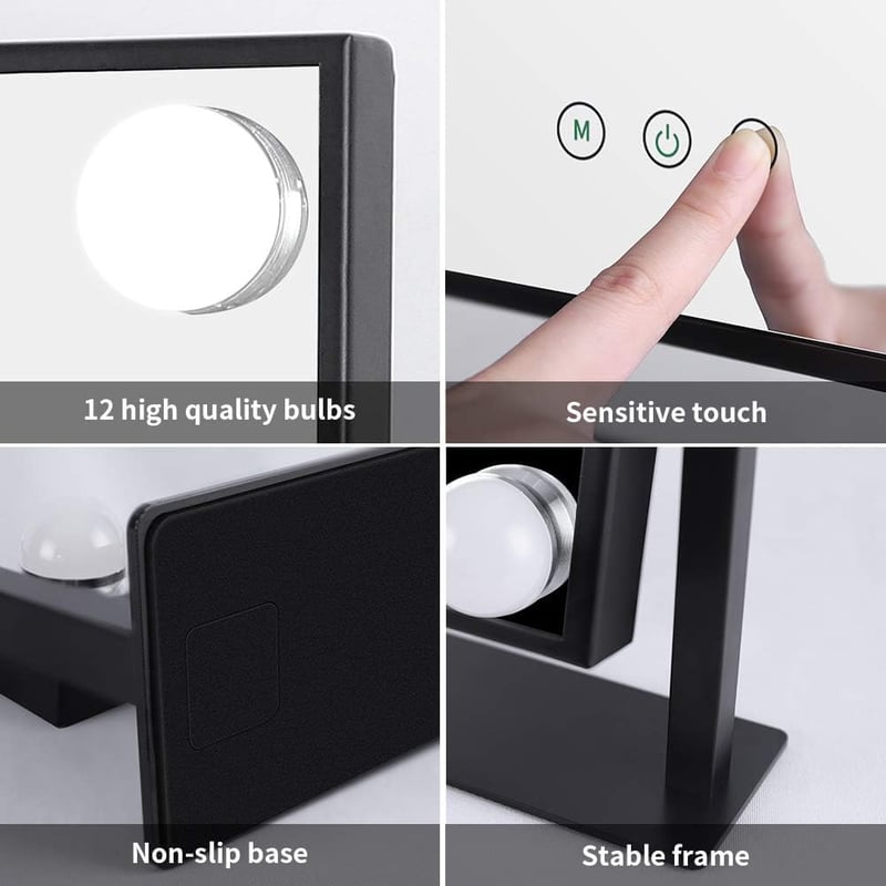 Meidom Sminkasztal Tükör 35.5 x 47CM LED Világítással - 360° Forgatható, 3 Színhőmérséklet, , Fekete Hollywood Tükör