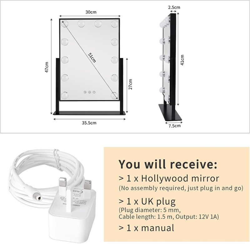 Meidom Sminkasztal Tükör 35.5 x 47CM LED Világítással - 360° Forgatható, 3 Színhőmérséklet, , Fekete Hollywood Tükör