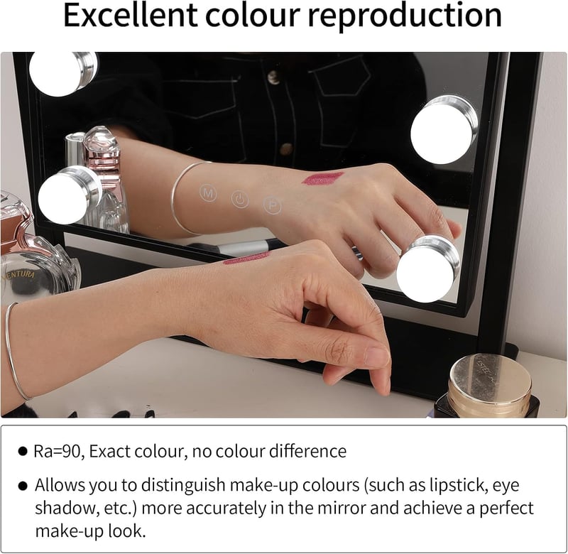 Meidom Sminkasztal Tükör 35.5 x 47CM LED Világítással - 360° Forgatható, 3 Színhőmérséklet, , Fekete Hollywood Tükör