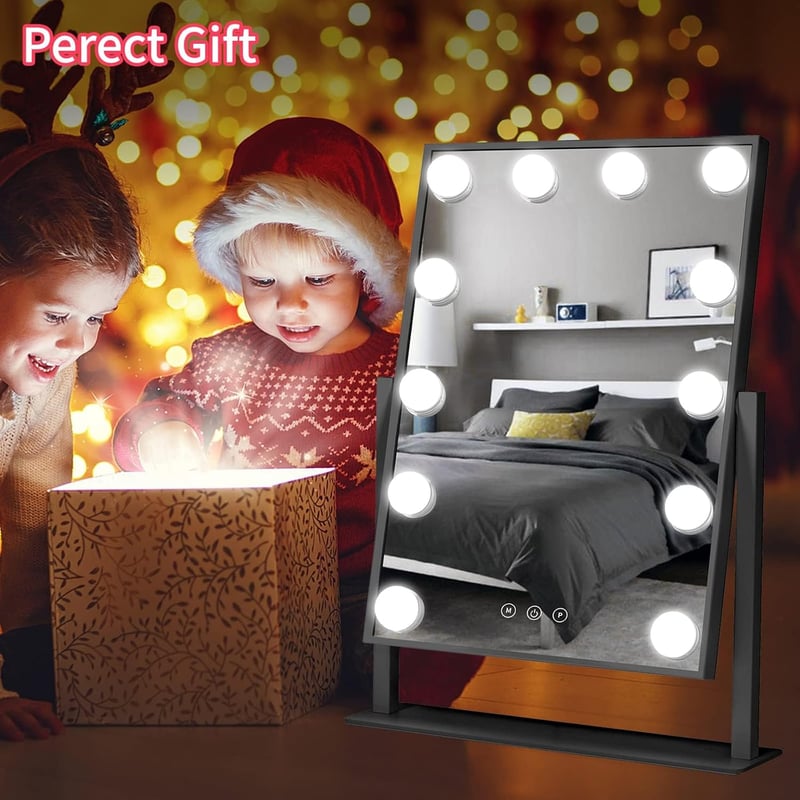 Meidom Sminkasztal Tükör 35.5 x 47CM LED Világítással - 360° Forgatható, 3 Színhőmérséklet, , Fekete Hollywood Tükör