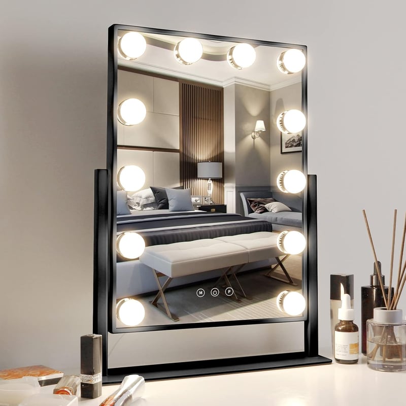 Meidom Sminkasztal Tükör 35.5 x 47CM LED Világítással - 360° Forgatható, 3 Színhőmérséklet, , Fekete Hollywood Tükör