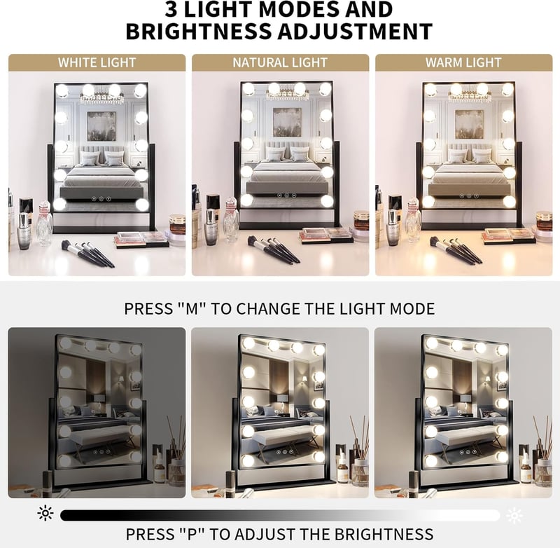 Meidom Sminkasztal Tükör 35.5 x 47CM LED Világítással - 360° Forgatható, 3 Színhőmérséklet, , Fekete Hollywood Tükör