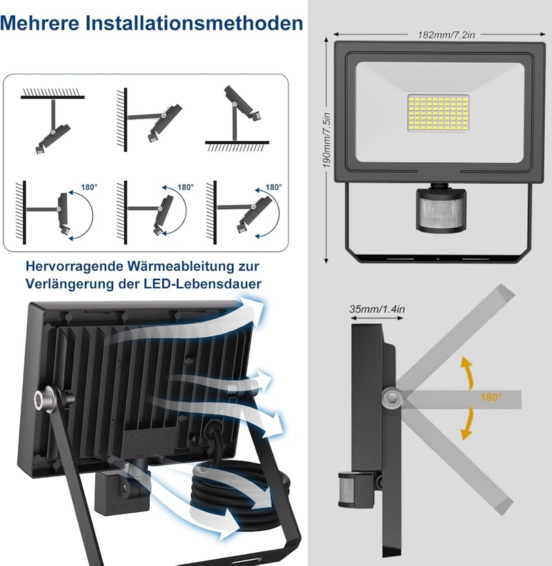 MEIHUA 50W LED reflektor mozgásérzékelővel, 4700 lm, hideg fehér, IP66 vízálló