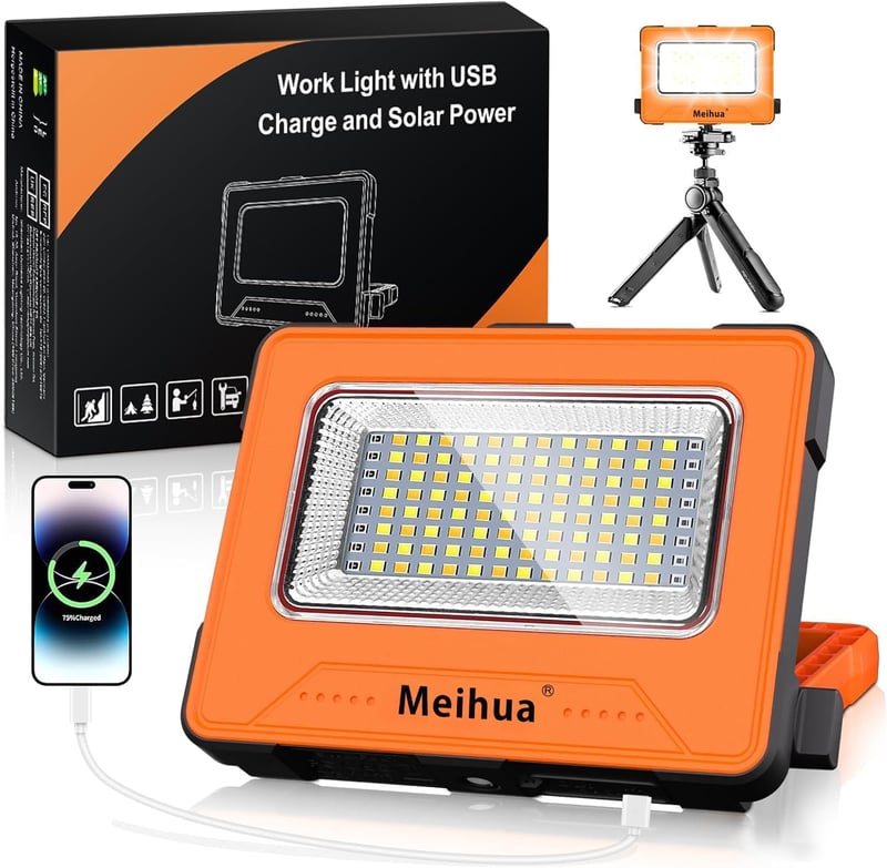 MEIHUA 60W LED Munkalámpa 12000mAh - Vízálló Hordozható Reflektor 4 Világítási Móddal, USB/Napelemes Töltés, Építkezéshez, Kempingezéshez