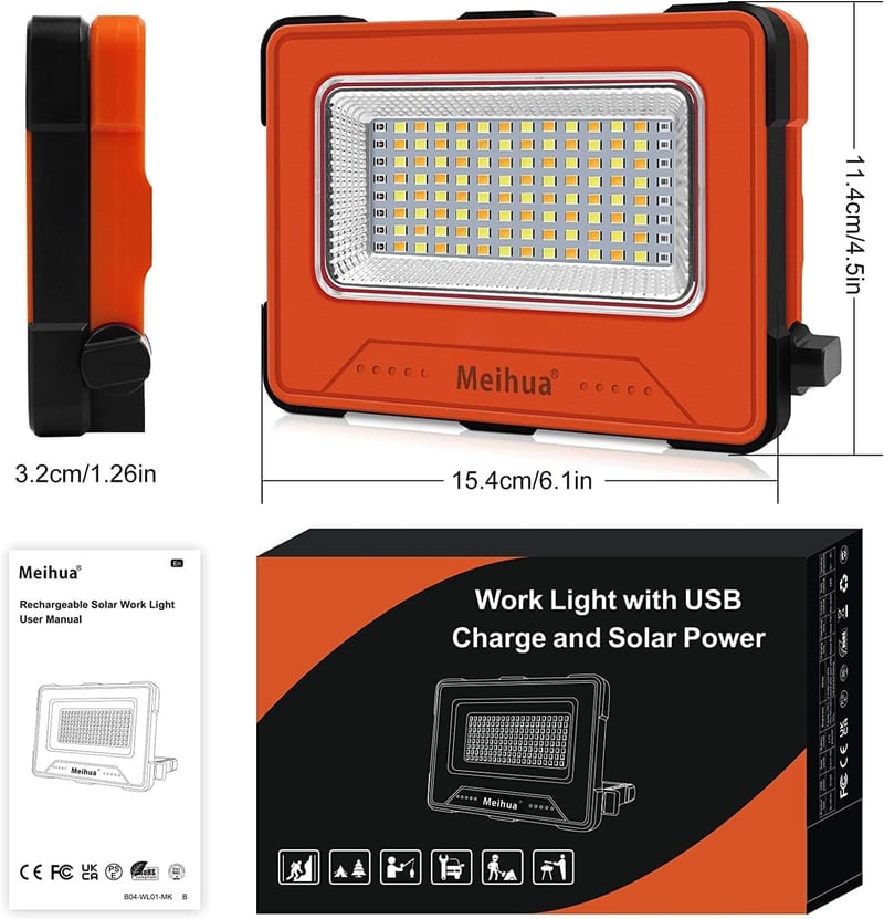 MEIHUA 60W LED Munkalámpa 12000mAh - Vízálló Hordozható Reflektor 4 Világítási Móddal, USB/Napelemes Töltés, Építkezéshez, Kempingezéshez