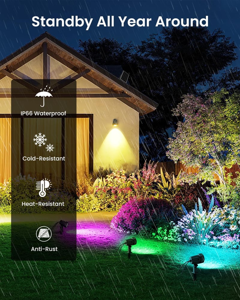 MEIHUA Napelemes Kültéri Spotlámpa Szett - RGB LED Kerti Világítás Távirányítóval, IP66 Vízálló, 10 Szín, 30 Fénymód, Ünnepekre