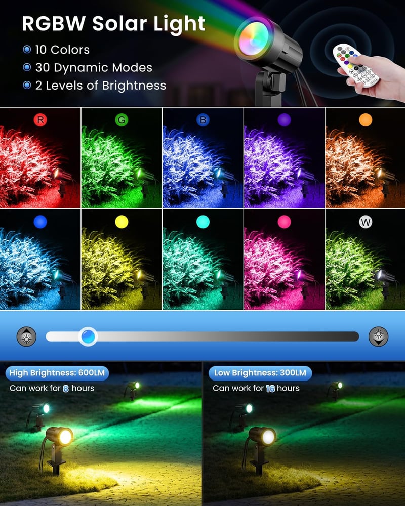 MEIHUA Napelemes Kültéri Spotlámpa Szett - RGB LED Kerti Világítás Távirányítóval, IP66 Vízálló, 10 Szín, 30 Fénymód, Ünnepekre