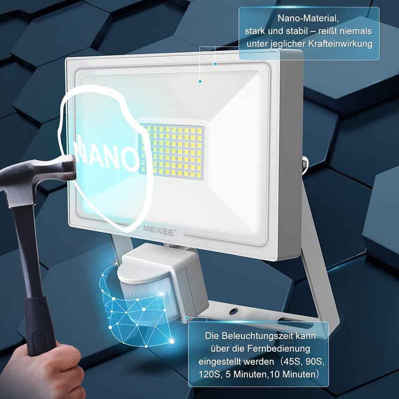 MEIKEE 60W LED Reflektor Mozgásérzékelővel - 5640 Lumen, Távirányítós, 10 Fényerőszint, IP66 Vízálló, Kültéri Lámpa Kerthez, Garázshoz
