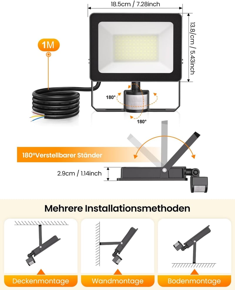 MEIKEE 60W LED Reflektor Mozgásérzékelővel - IP66 Vízálló Kültéri Lámpa, 5900lm, Távirányítóval, 10 Fényerőszint, Fekete Alumínium