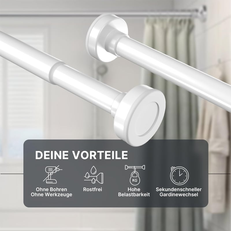 MEISENBERG Fehér teleszkópos függönykarnis befogó rögzítéssel fur fúrás nélkül, 140-250 cm, nyújtható feszítőrúd, 2 db-os csomag