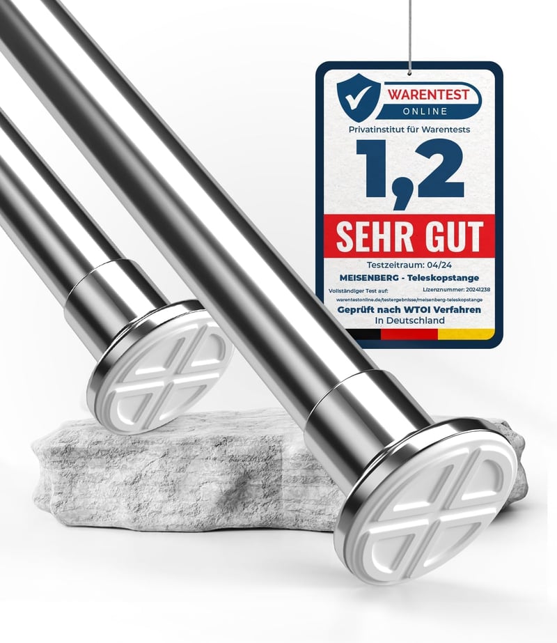 MEISENBERG Teleskopická garniža bez vŕtania 310-360 cm, Ø32 mm, strieborná z nehrdzavejúcej ocele, upínacia tyč na závesy, na balkón, ako deliaca priečka