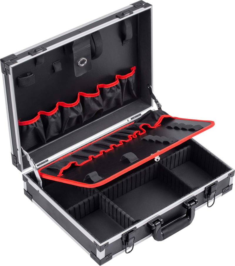 Geantă goală pentru scule Meister din aluminiu - 460 x 320 x 140 mm - 15 buzunare pentru scule - cu benzi elastice - capacitate portantă 15 kg - compartimente personalizabile - negru