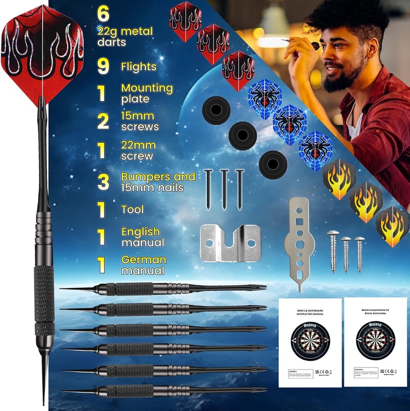 Mejasg Elektronikus Darts tábla LCD kijelzővel német hanggal, 12 nyíllal, 34 játék 355 variáció, fekete dartsautomata 1-8 játékosnak