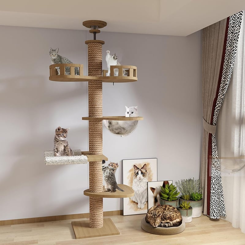 Stropný škrabadlo pre mačky Mekidulu so sisalovým lanom a hojdacou sieťou – 240 – 275 cm